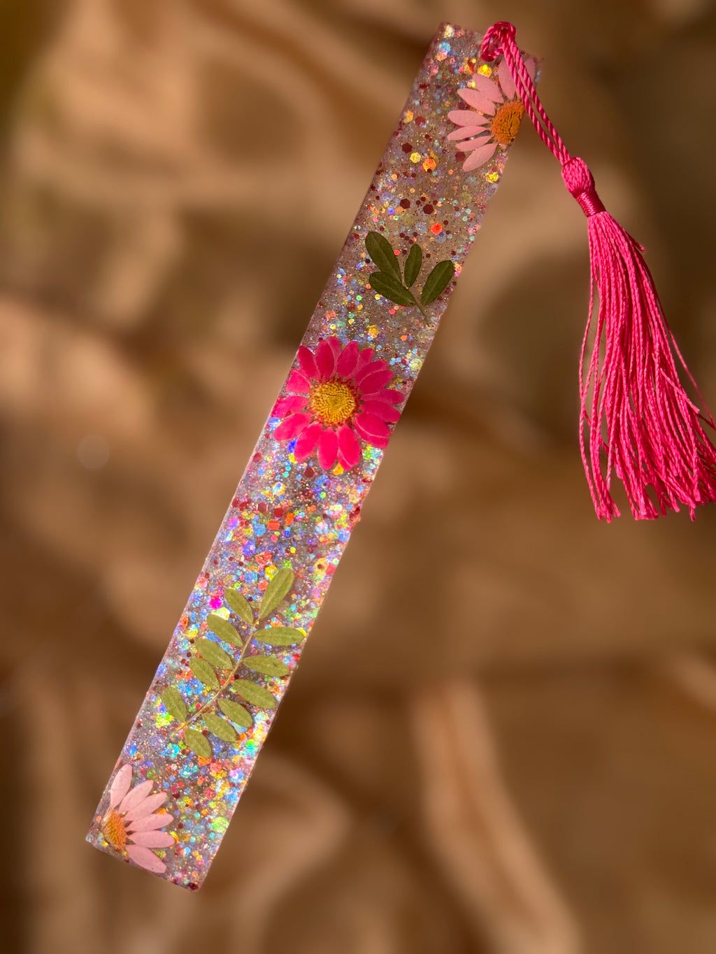 Glitter Pink Floral Bookmark