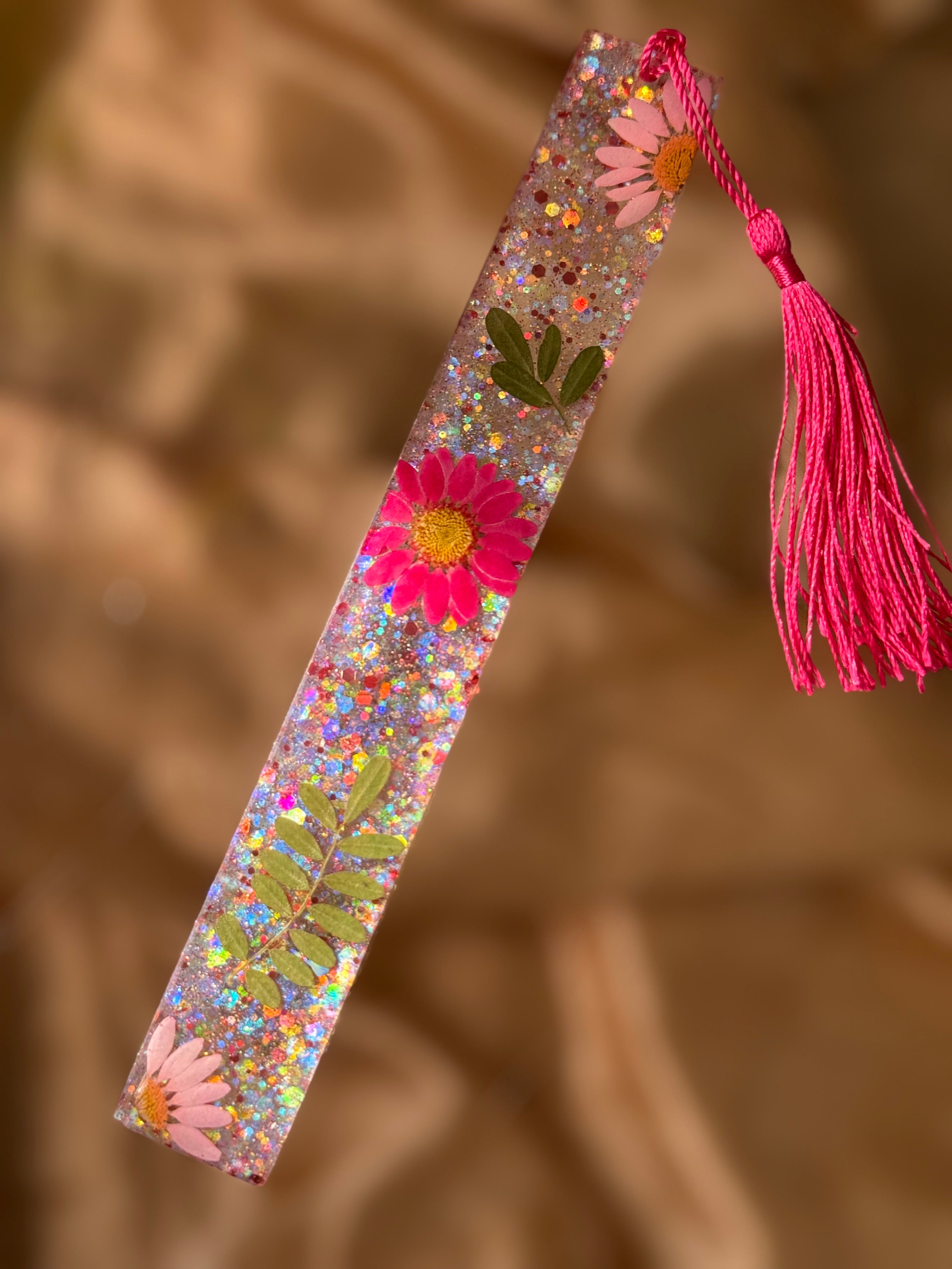 Glitter Pink Floral Bookmark